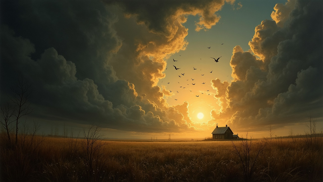 Serene Sunset Landscape with Rustic House and Birds