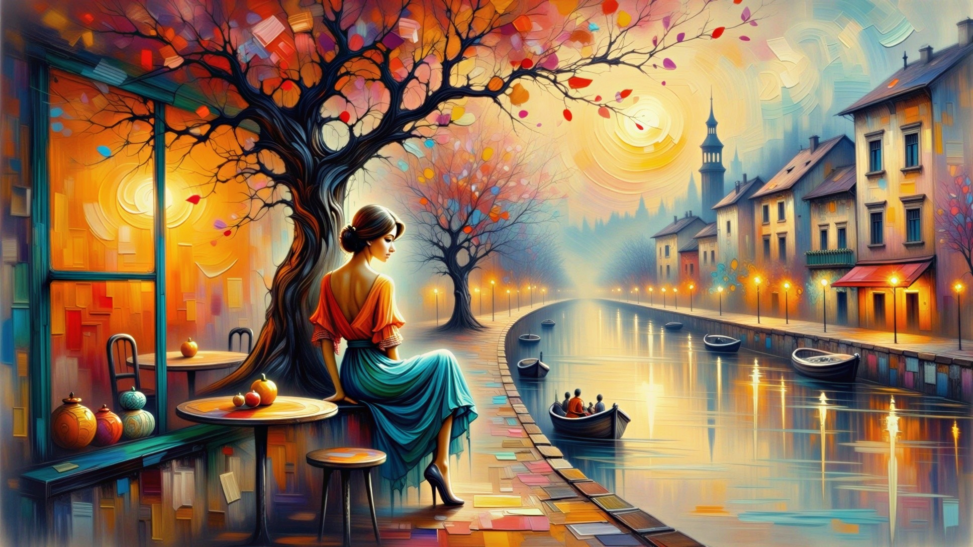 Serene canal scene with autumn trees and a woman
