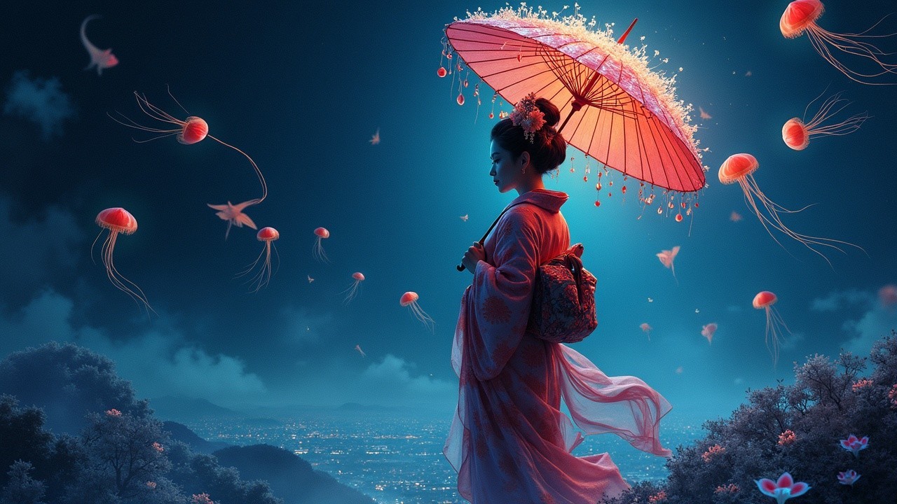 Serene figure in kimono with jellyfish at twilight