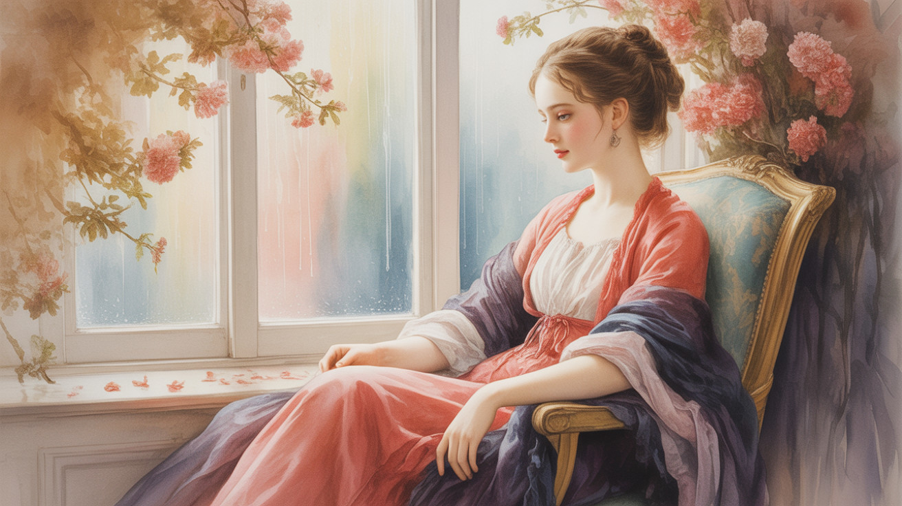 Serene Woman in Elegant Gown by Rainy Window
