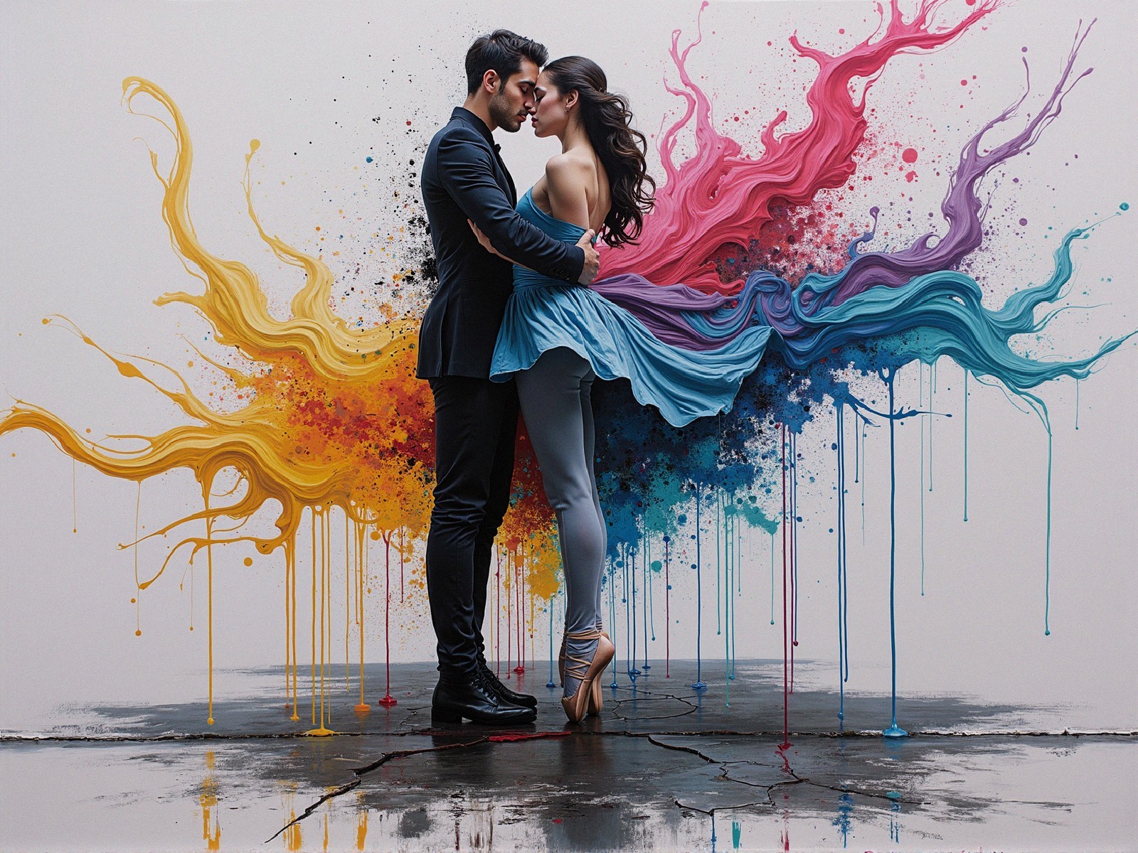 Couple Embraced Amidst Colorful Artistic Backdrop
