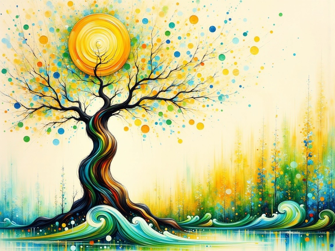 Vibrant Landscape with Stylized Tree and Abstract Elements