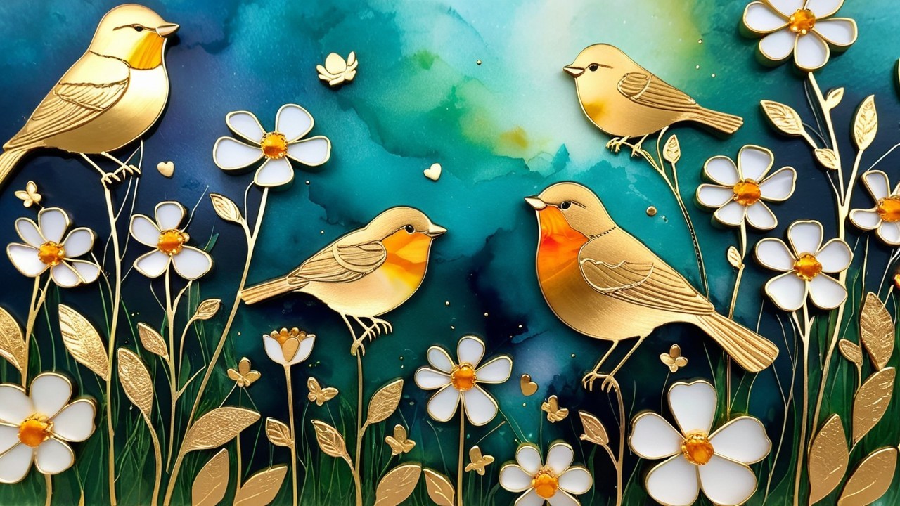 Golden Birds and White Flowers on Blue Background