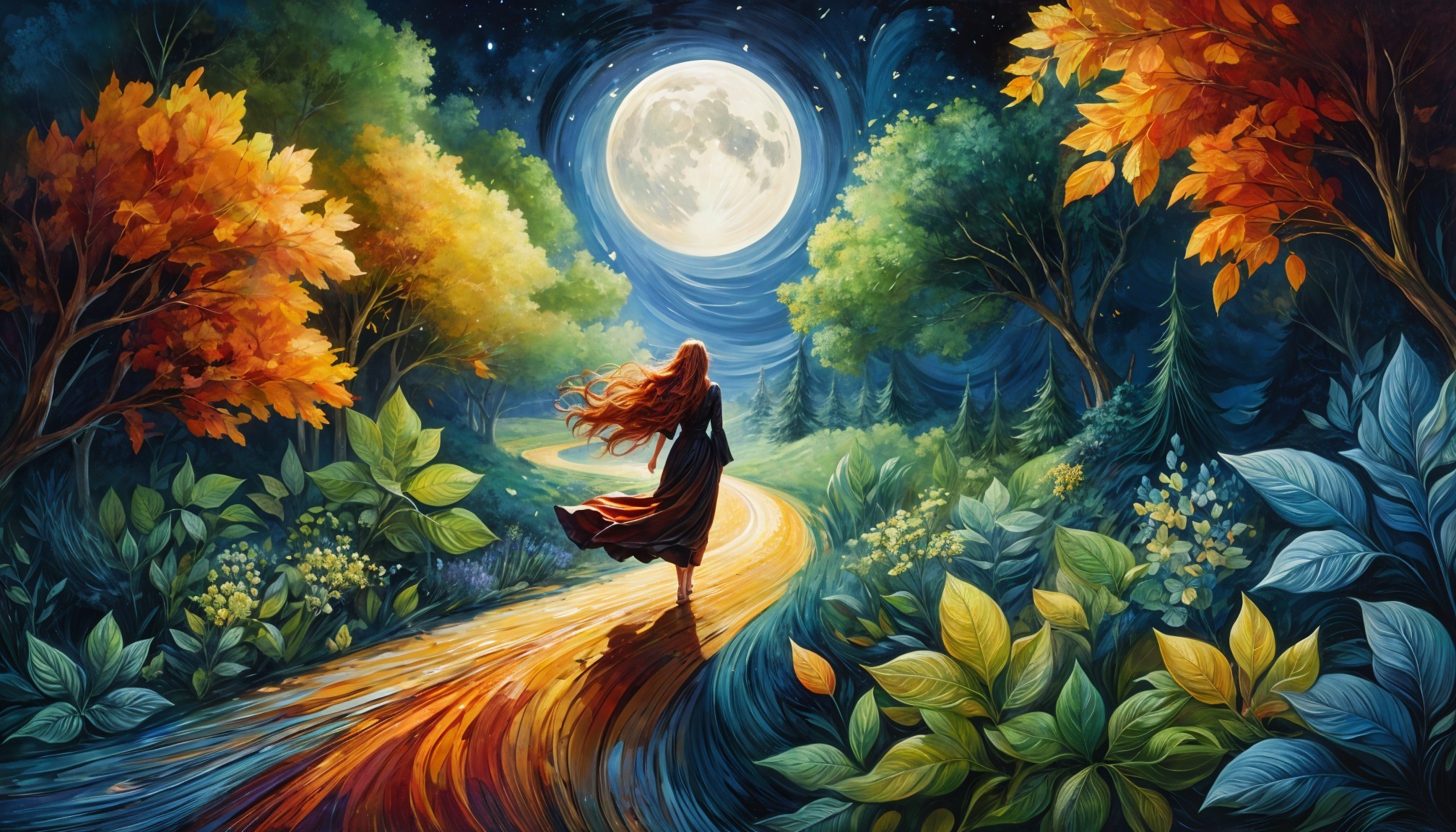 Woman in Red Dress on Moonlit Autumn Path
