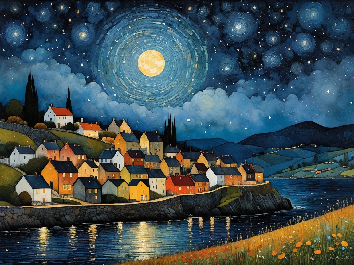 Charming Village at Night by a Shimmering River