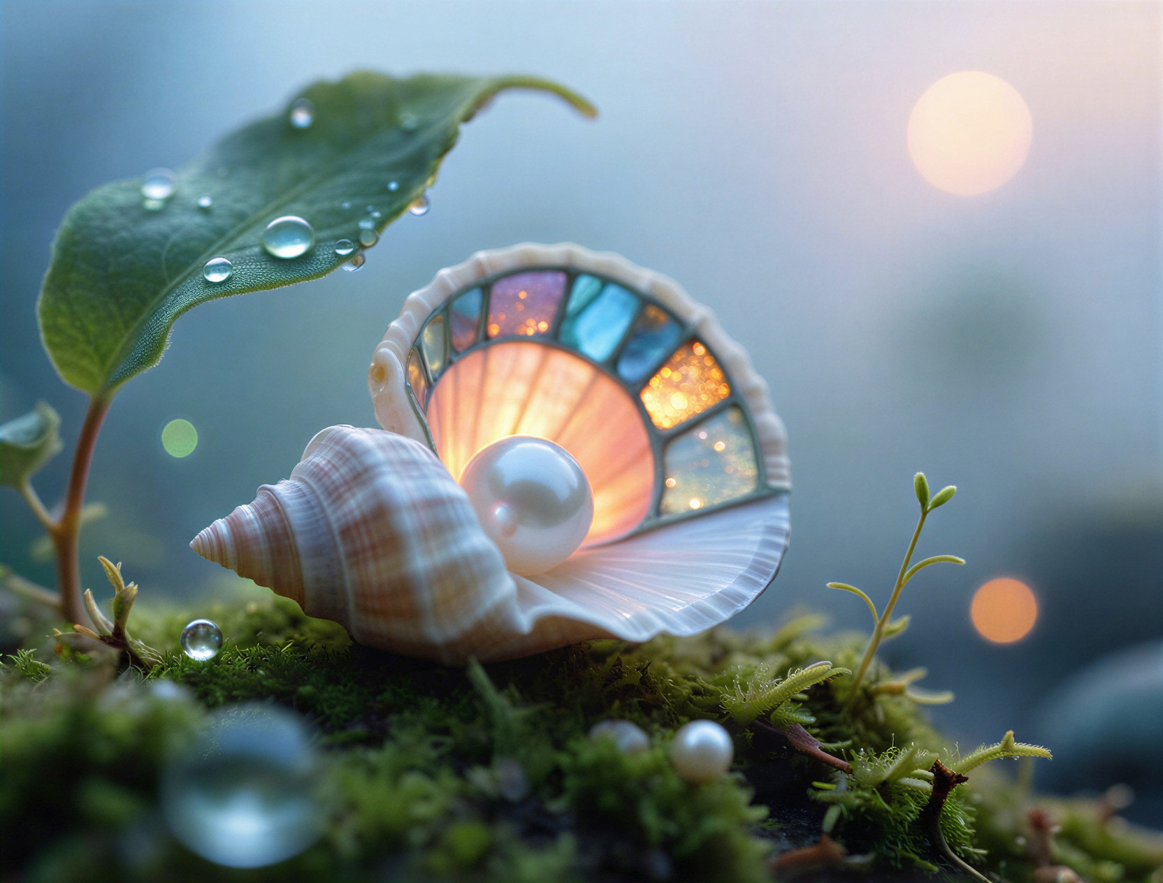 Intricate Seashell on Moss with Dew and Pearl