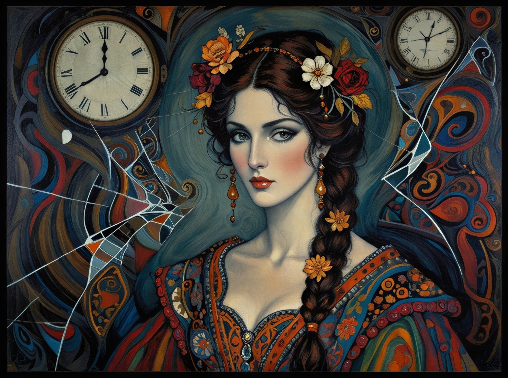 Portrait of a Woman with Braided Hair and Clocks