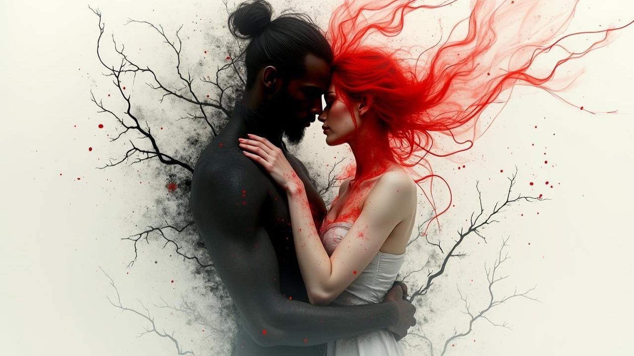 Emotional Embrace in Vibrant Abstract Artwork