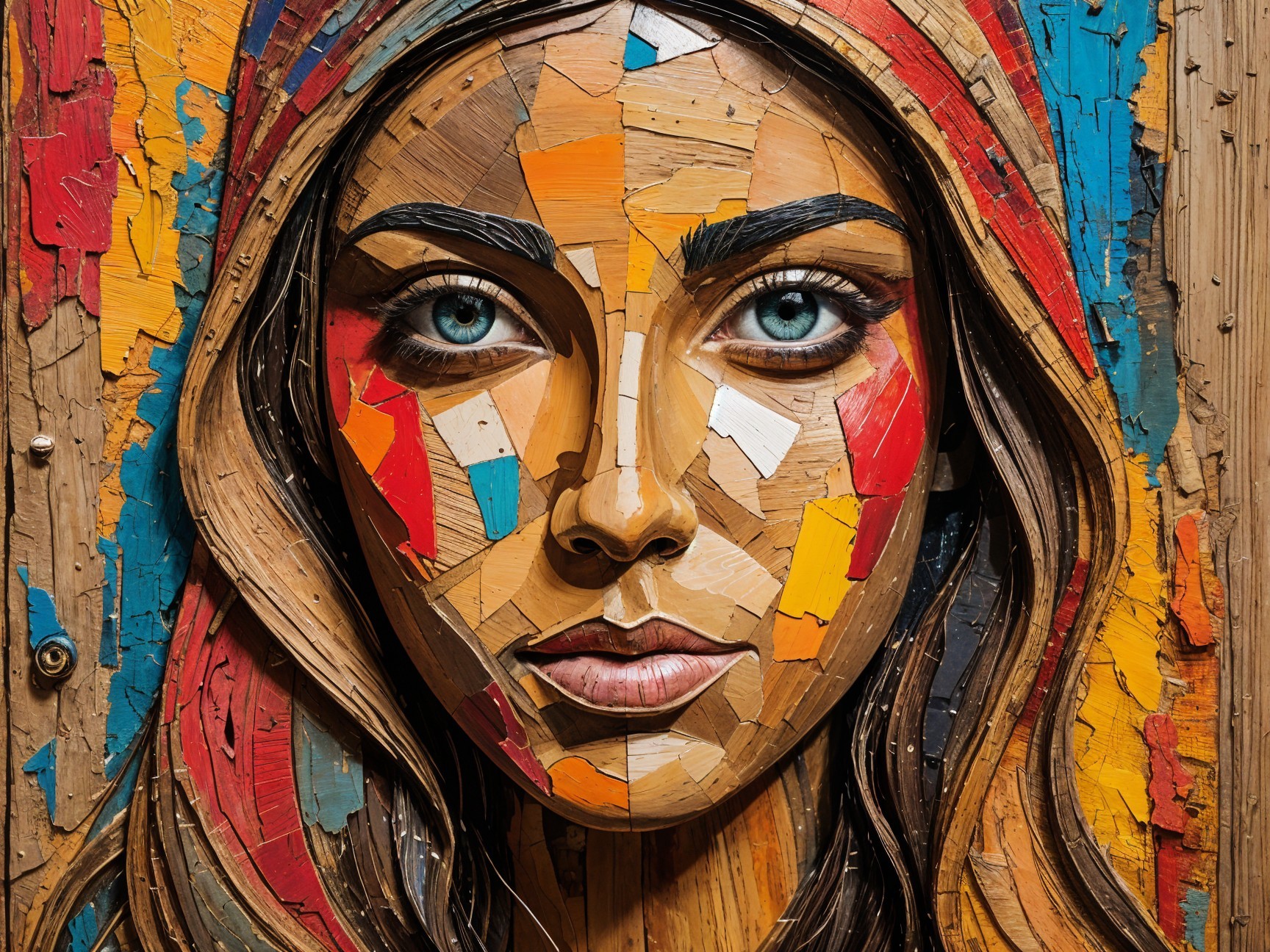 Colorful Wooden Portrait of a Woman with Blue Eyes