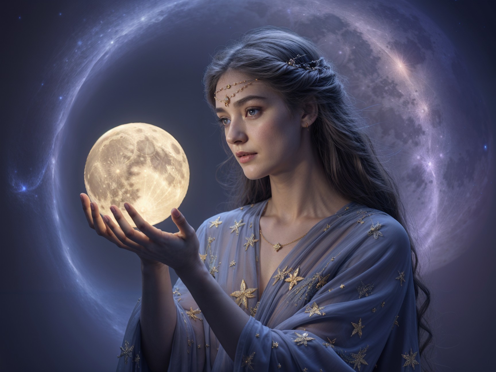 Serene Young Woman with Moon in Ethereal Gown