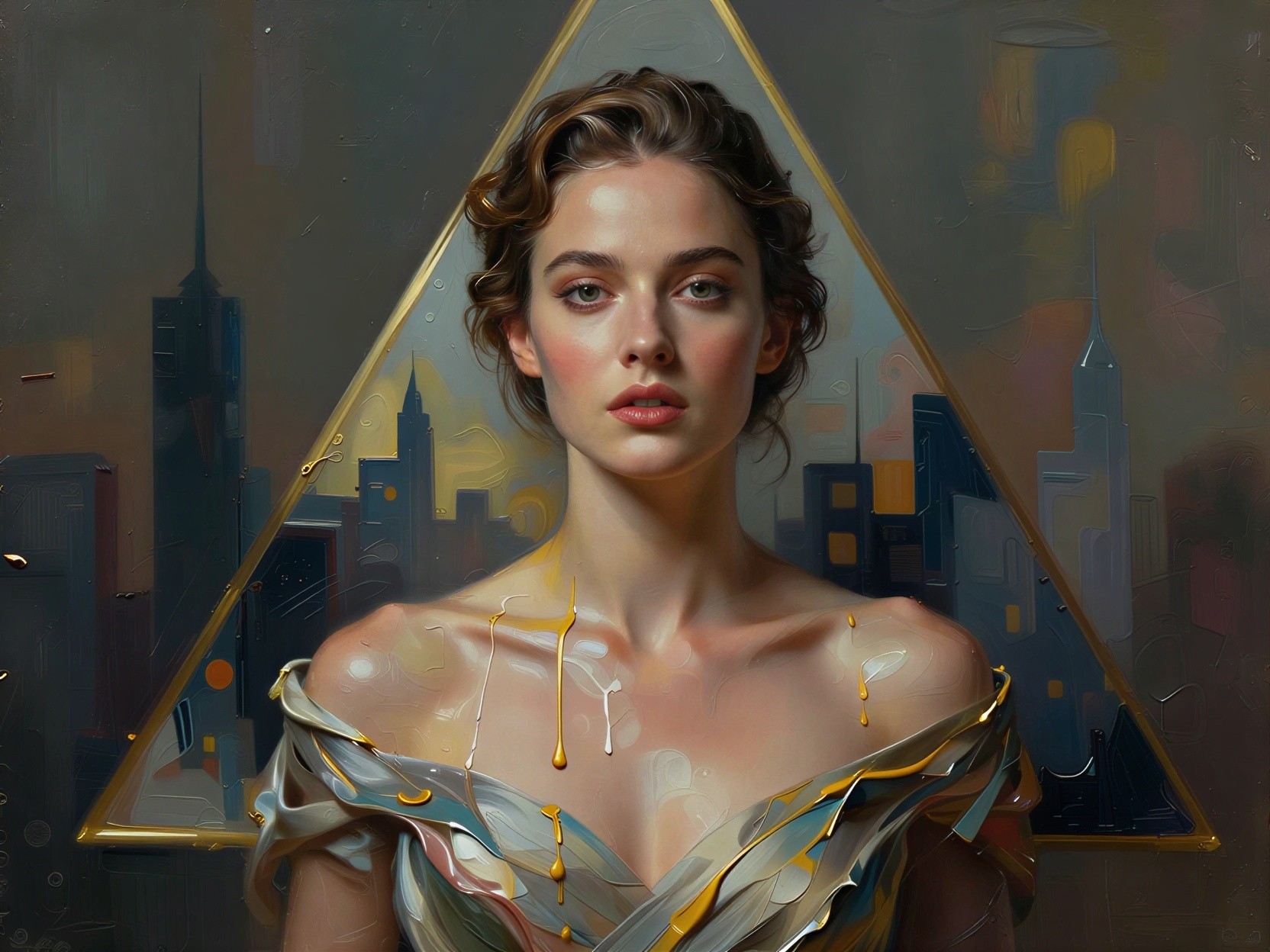 Realistic painting of a young woman in elegant gown