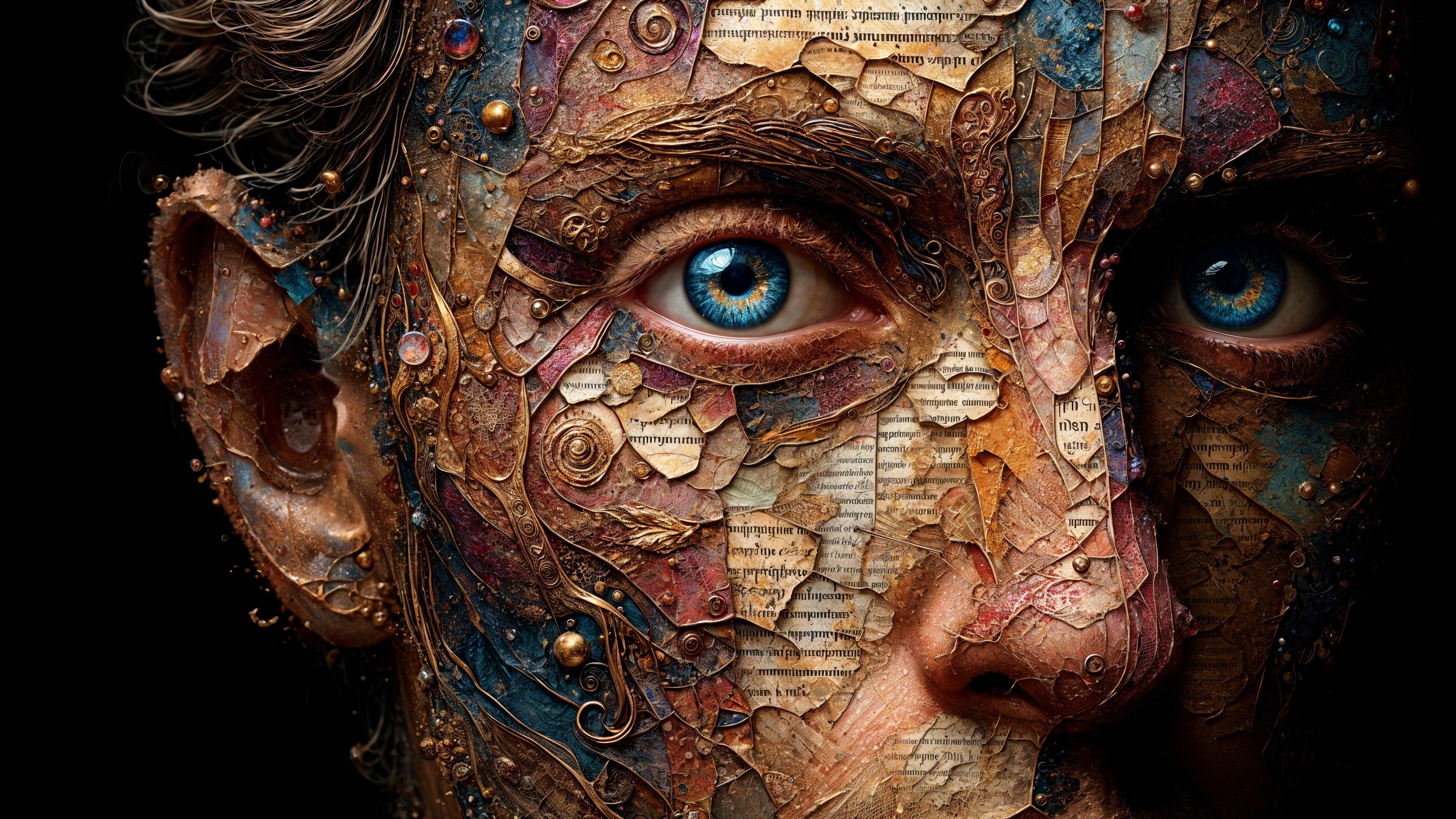 Close-Up of a Textured Human Face with Blue Eyes