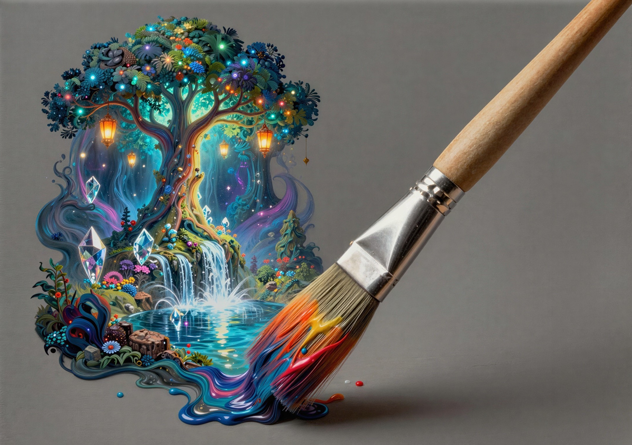 Angled Paint Brush with Colorful Flowing Paints