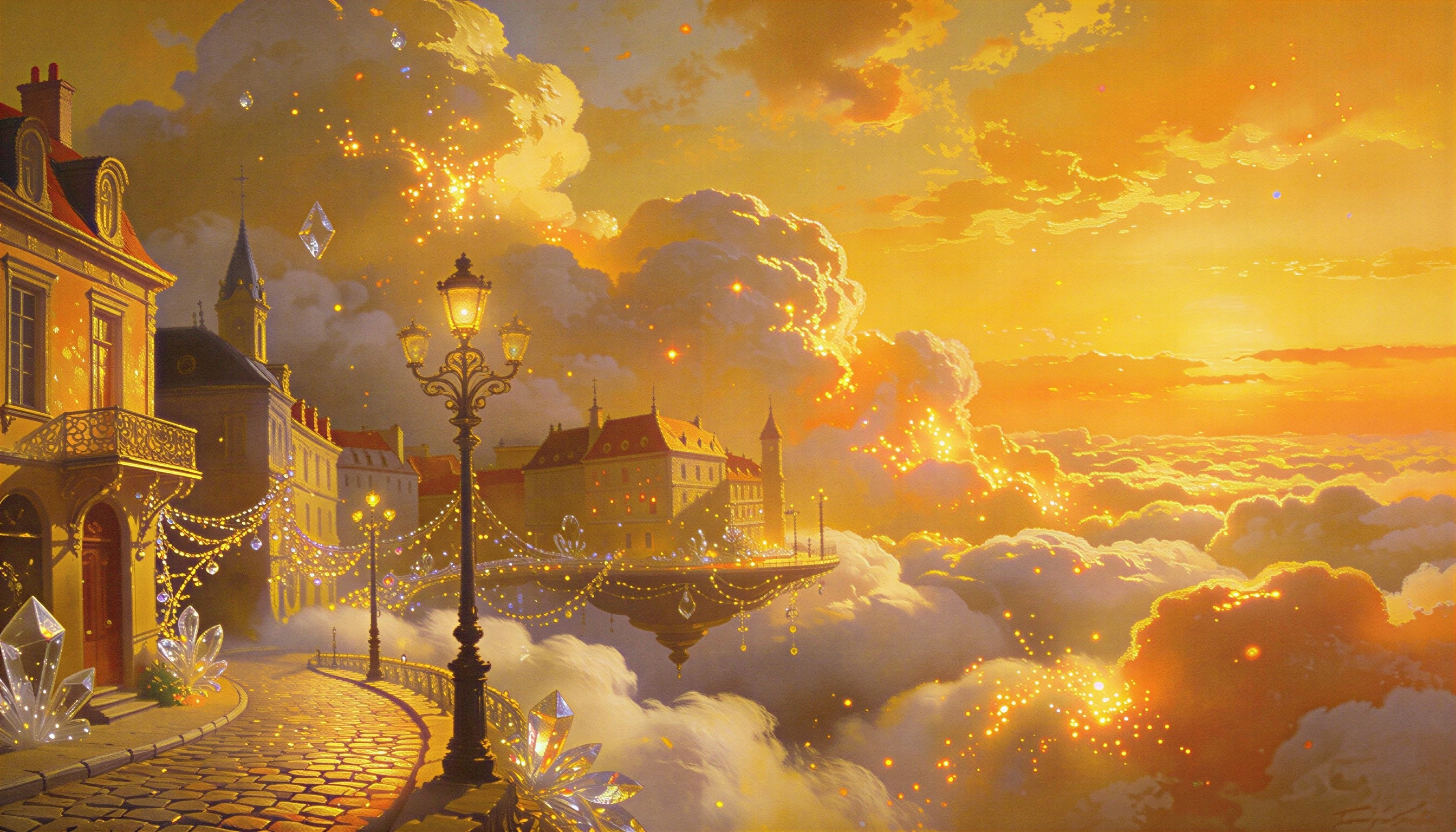 Floating City in Clouds with Golden Sunset Aesthetic