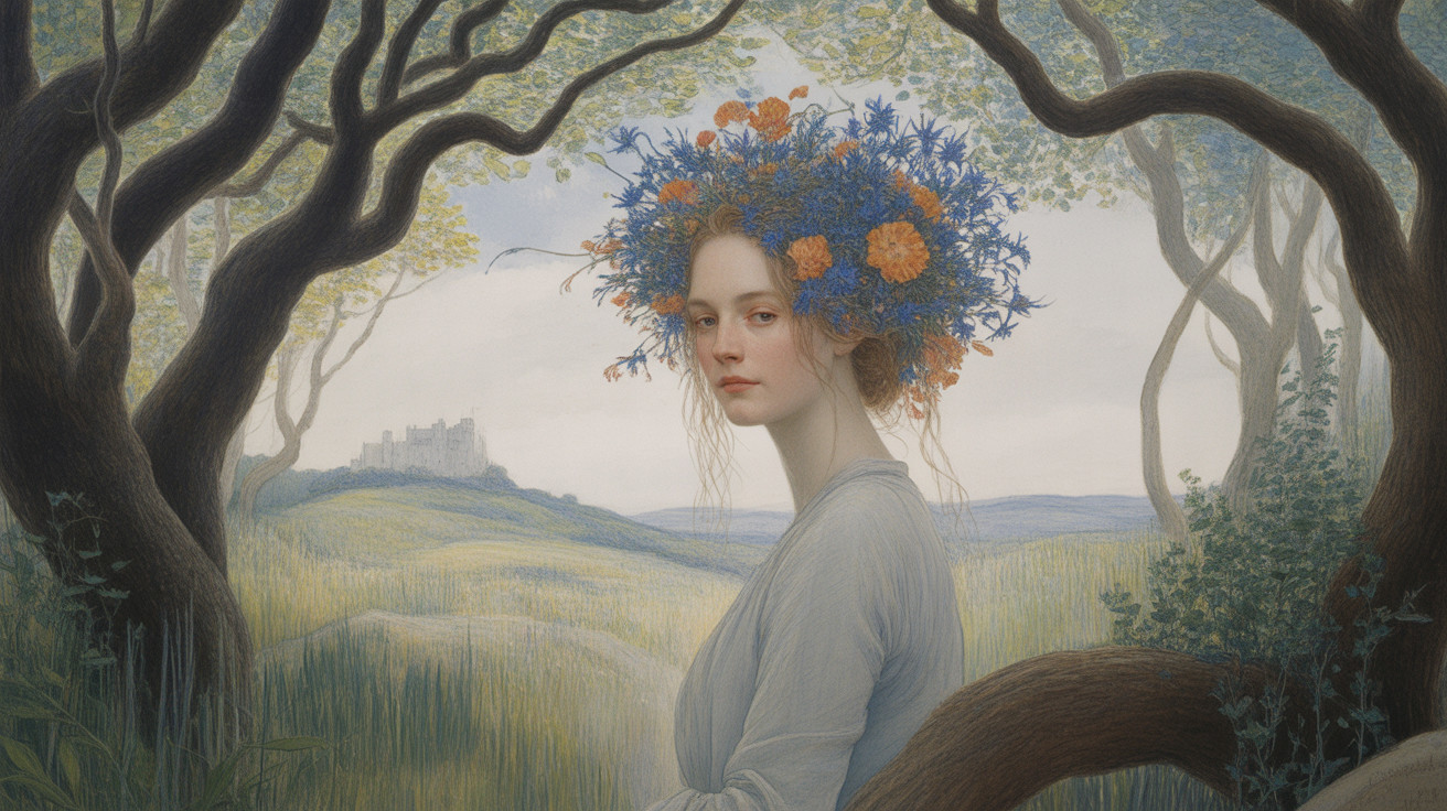 Serene Young Woman in a Dreamy Landscape Setting