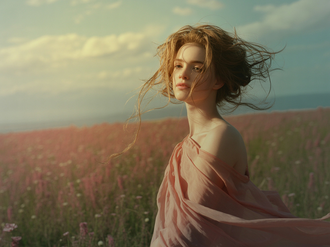 Young woman in a flower field with pastel sky