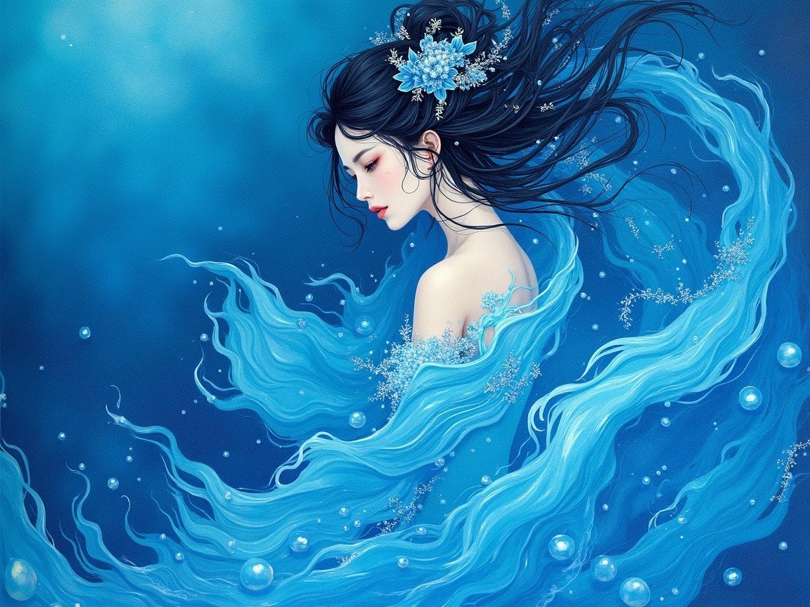 Serene Young Woman Surrounded by Blue Waves and Flowers