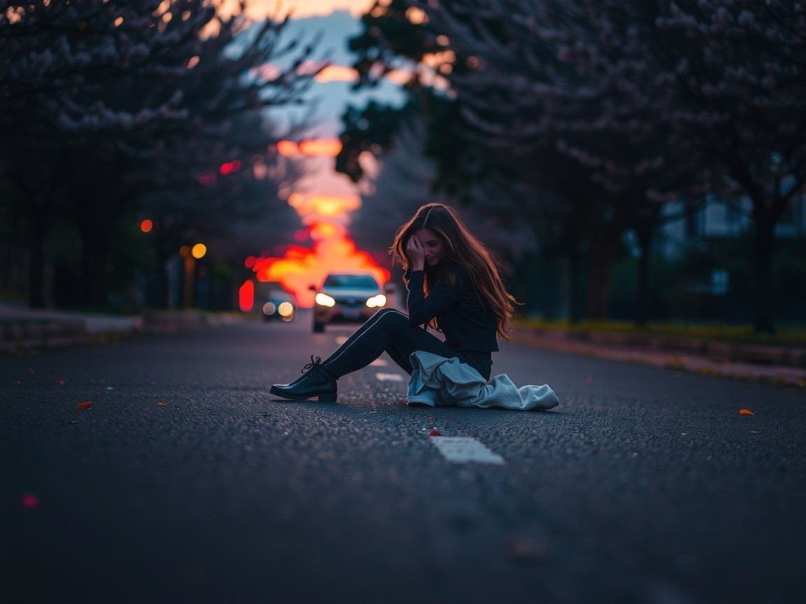 Young woman in a serene street with blooming trees