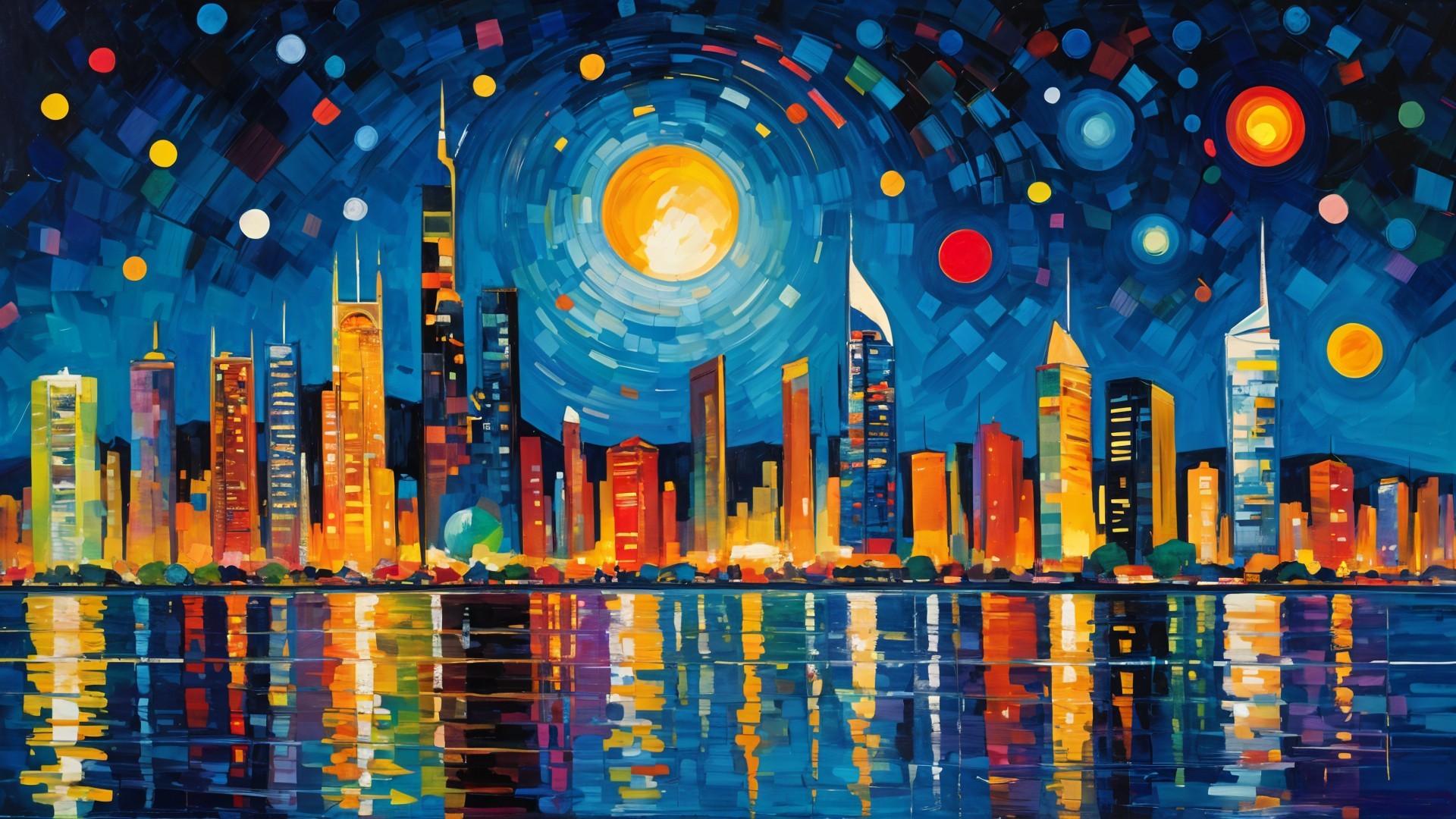 Vibrant Night Skyline with Colorful Skyscrapers