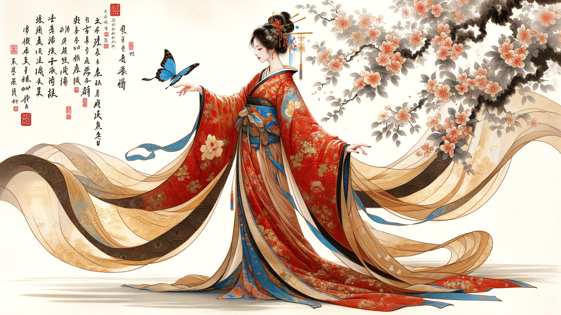 Graceful Woman in Red Kimono with Butterfly and Cherry Blossoms