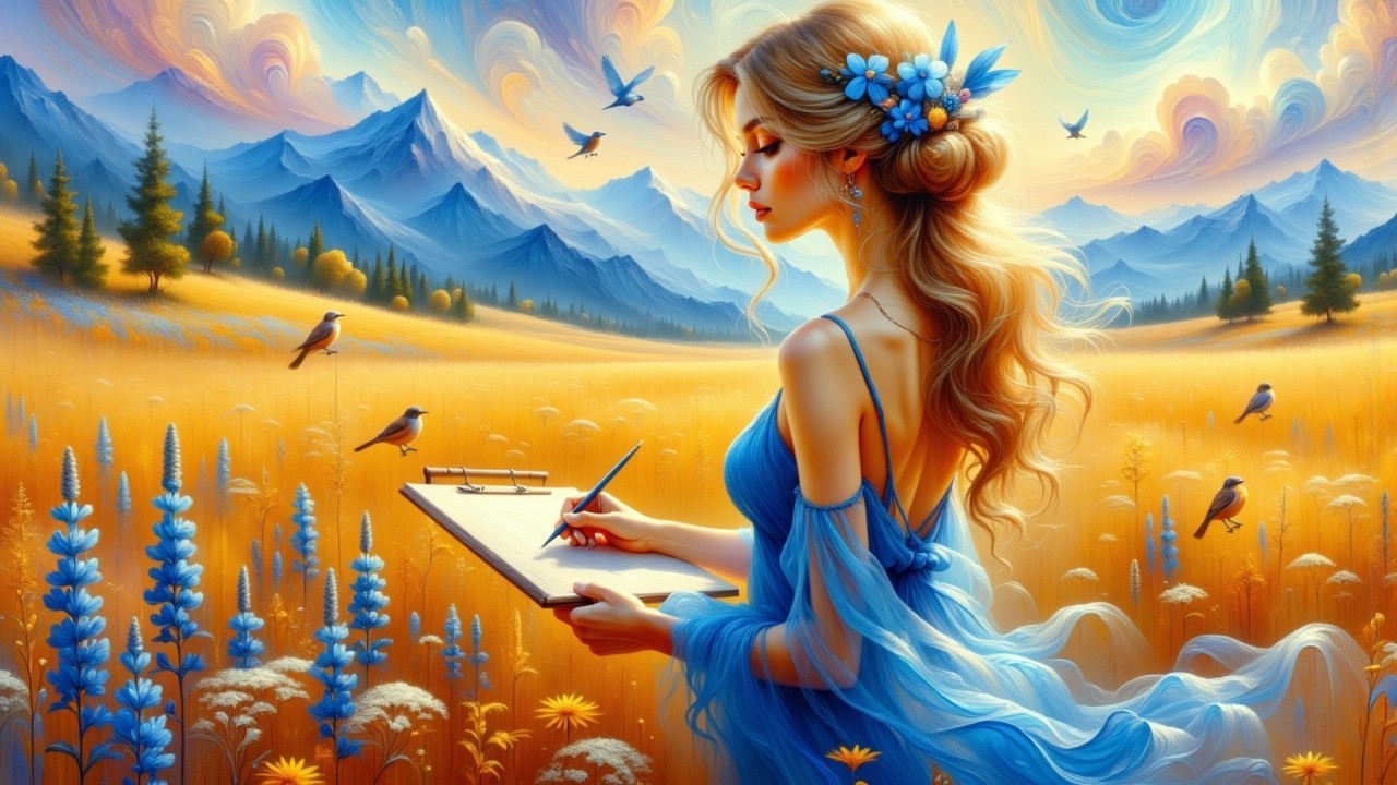 Woman in Blue Dress in Dreamlike Flower Field