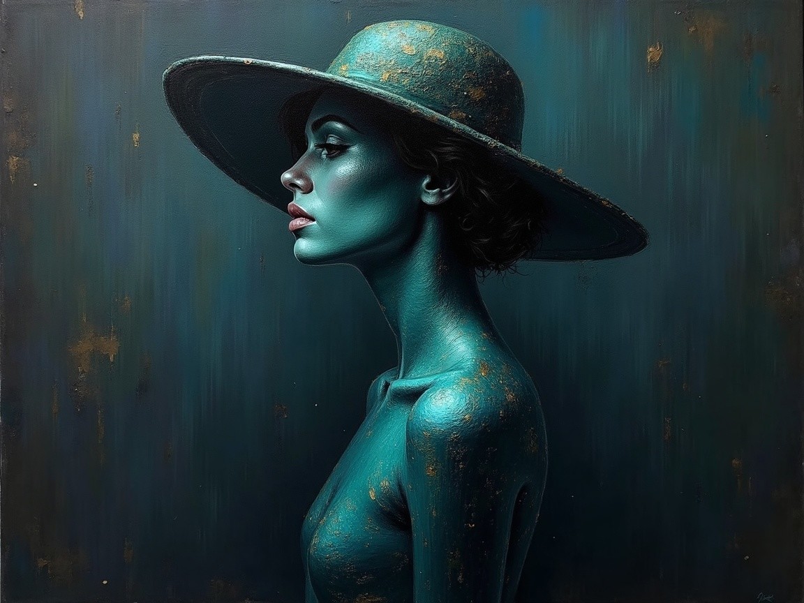 Profile of a Woman with Turquoise Body Paint and Hat