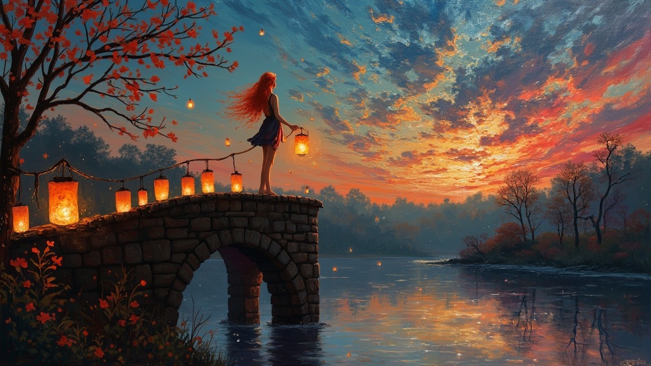 Serene sunset landscape with girl and lantern on bridge