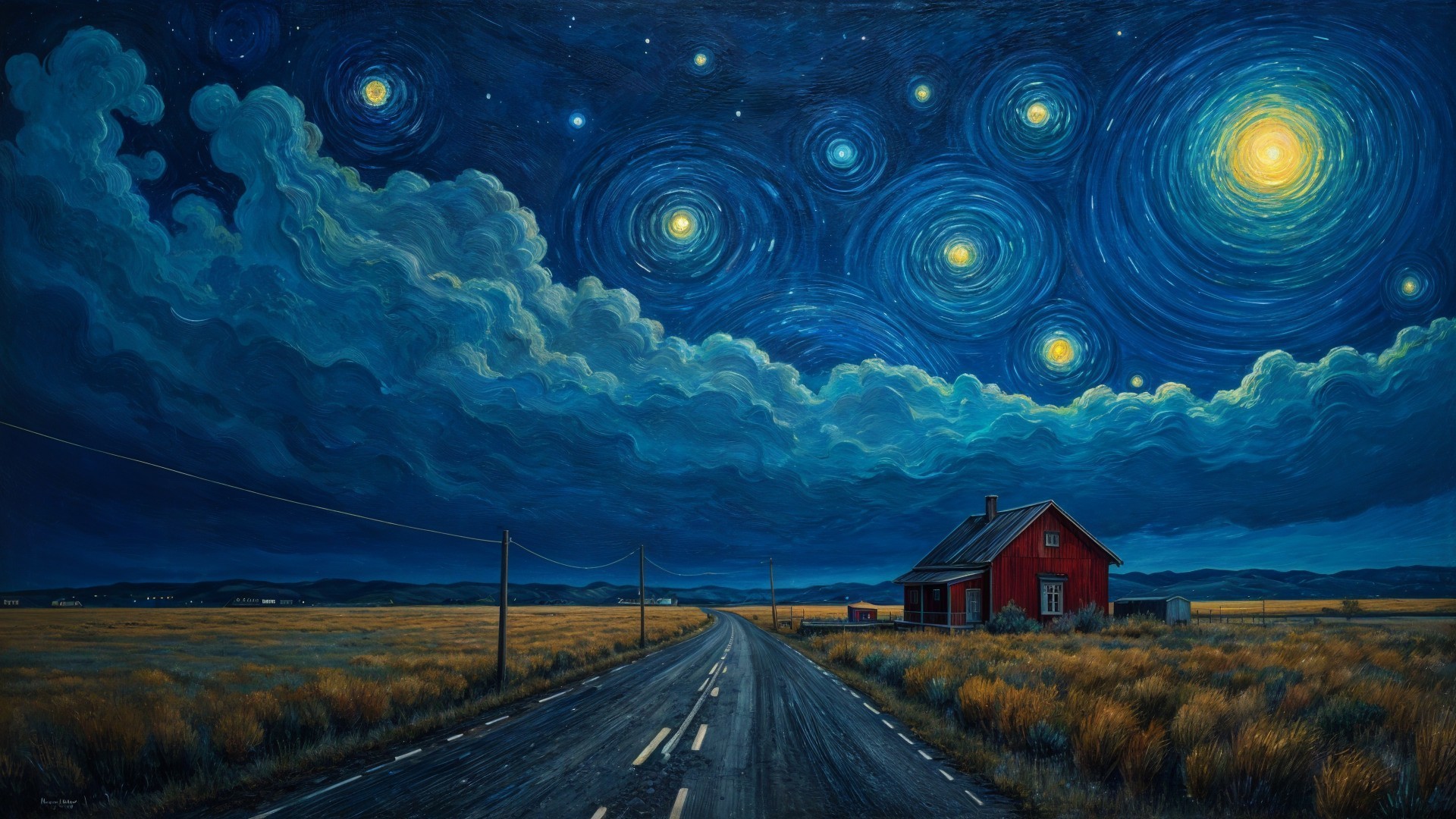 Winding Road Through Golden Fields Under Night Sky