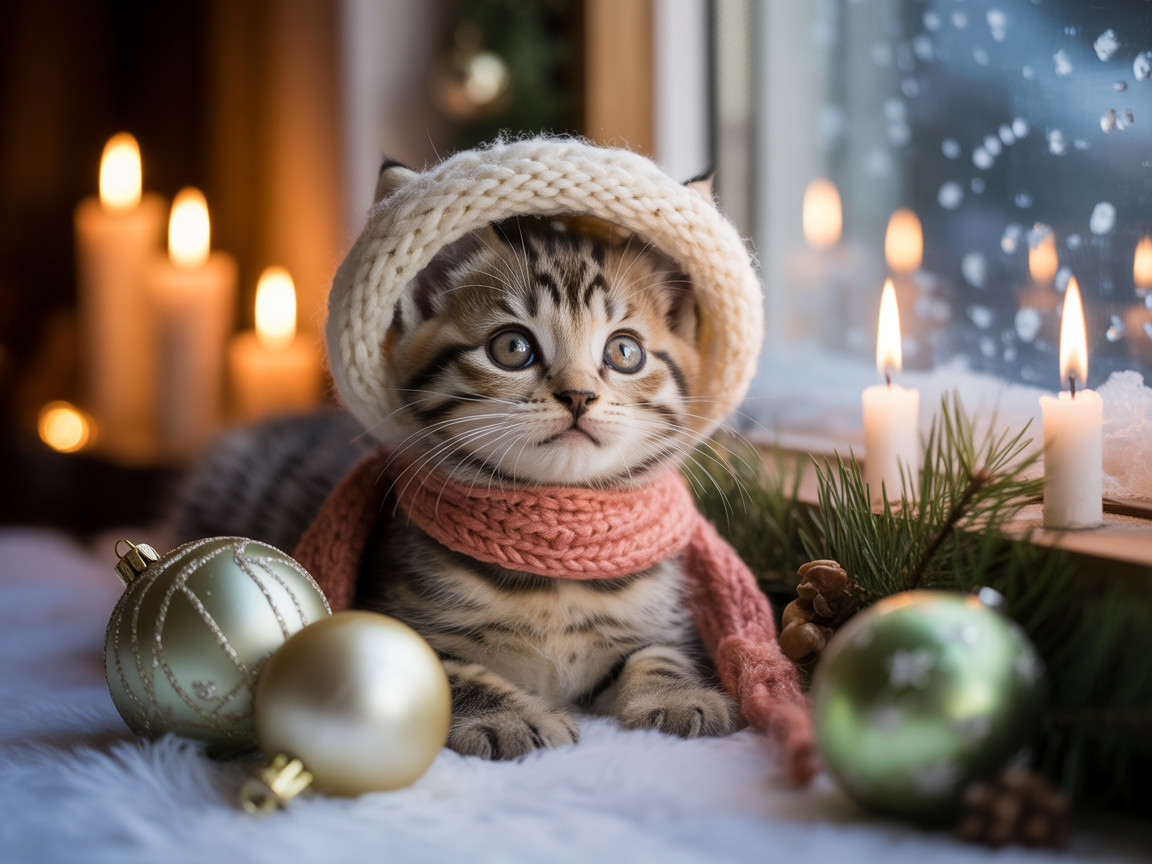 Charming Kitten in Cozy Hat Surrounded by Holiday Decor