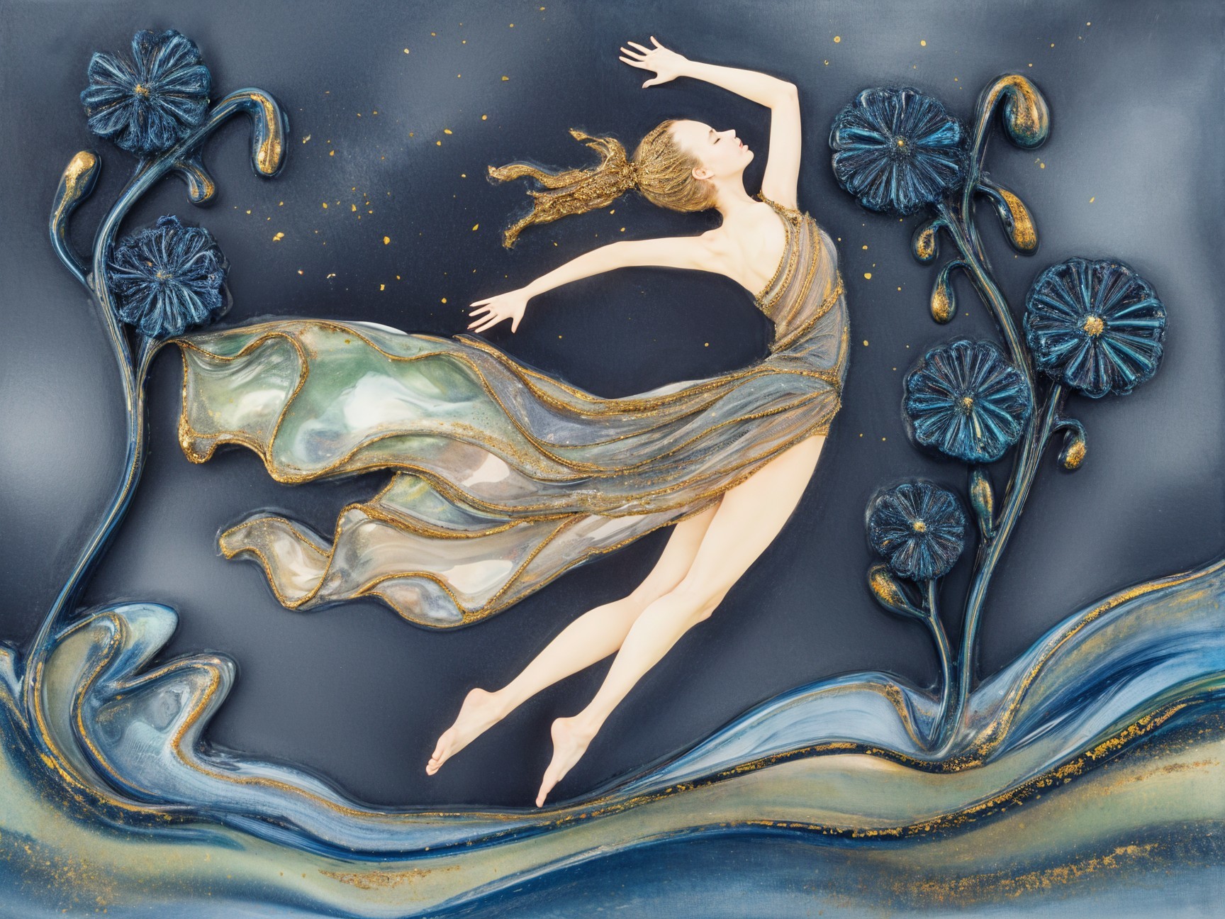 Graceful Woman in Mid-Leap with Starry Background
