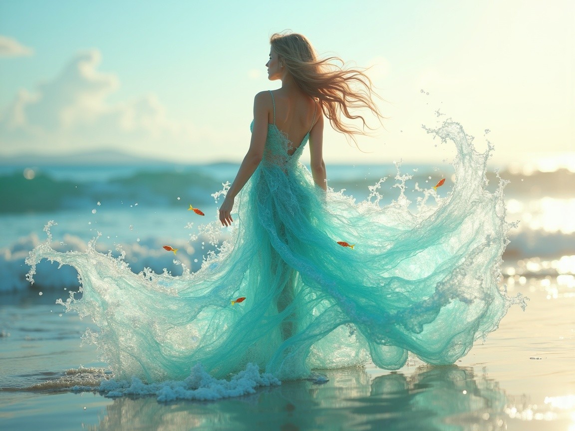 Ethereal Figure in Aqua Gown at Serene Beach