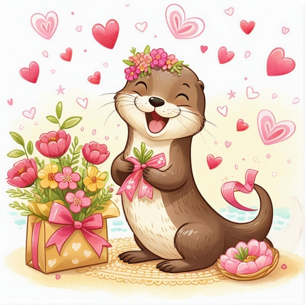 Cheerful otter with floral crown and bouquet scene