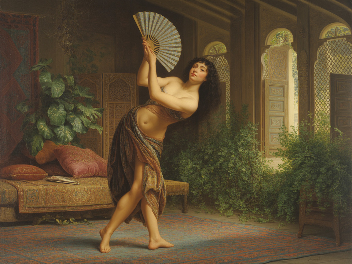 Graceful Dance with Decorative Fan in Lush Setting