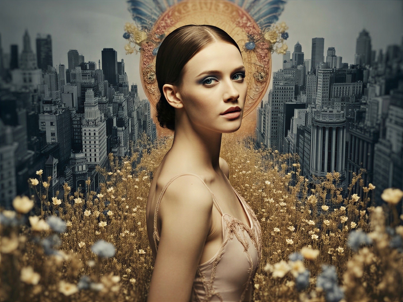 Figure in Golden Field with City Skyline Background