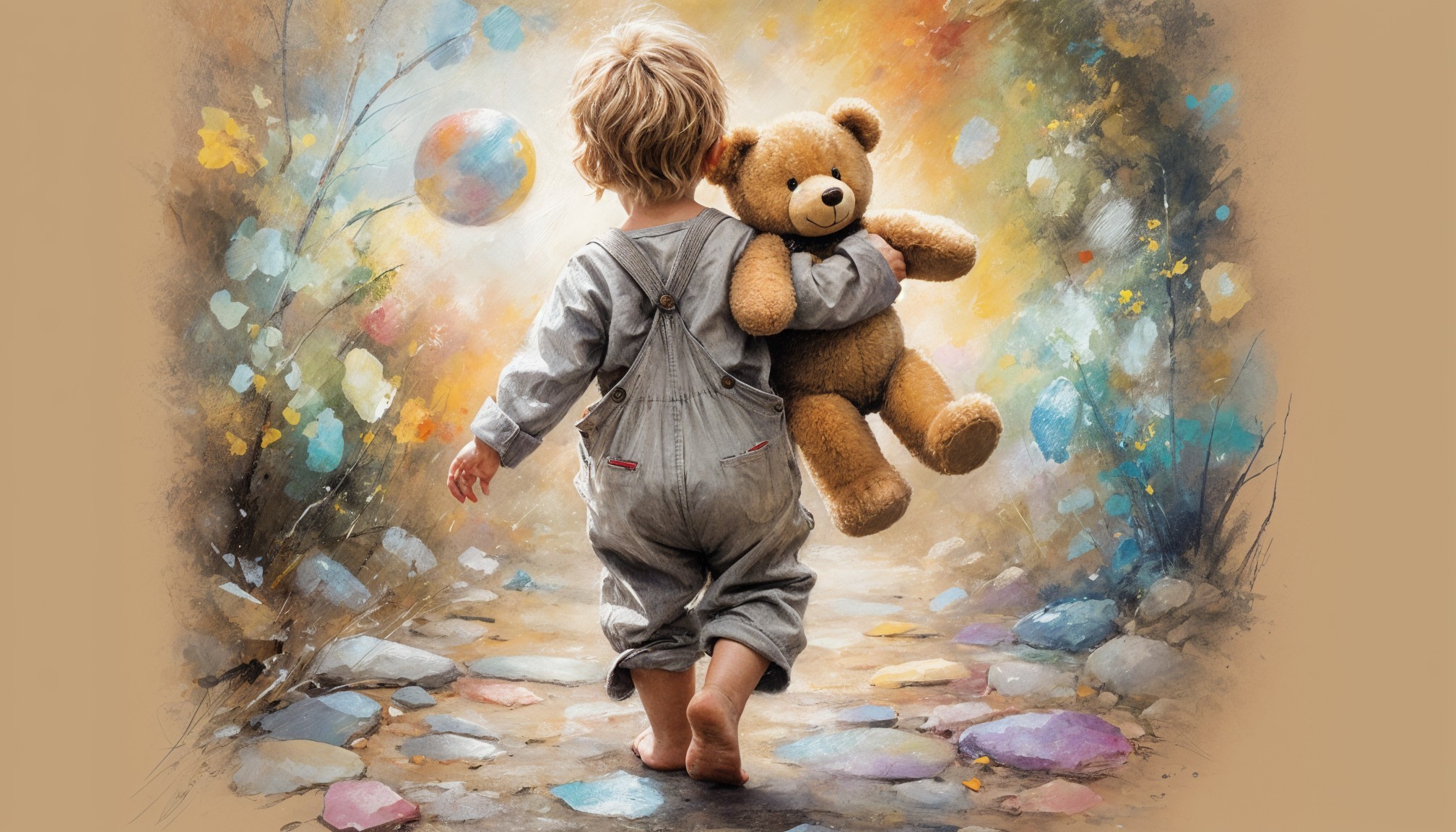 Child in Gray Overalls on Whimsical Colorful Path