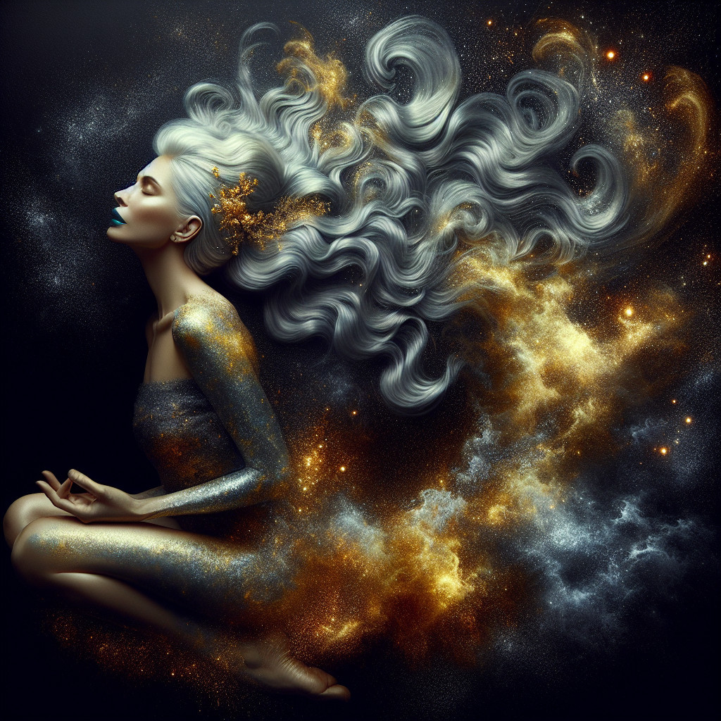 Meditative Figure Against Cosmic Galaxy Background