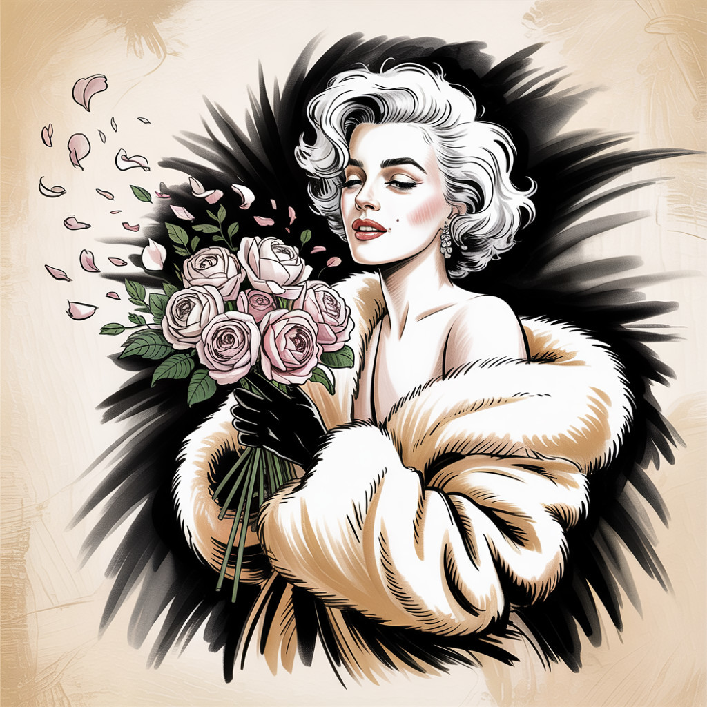 Glamorous Figure in Fur Coat with Pink Roses