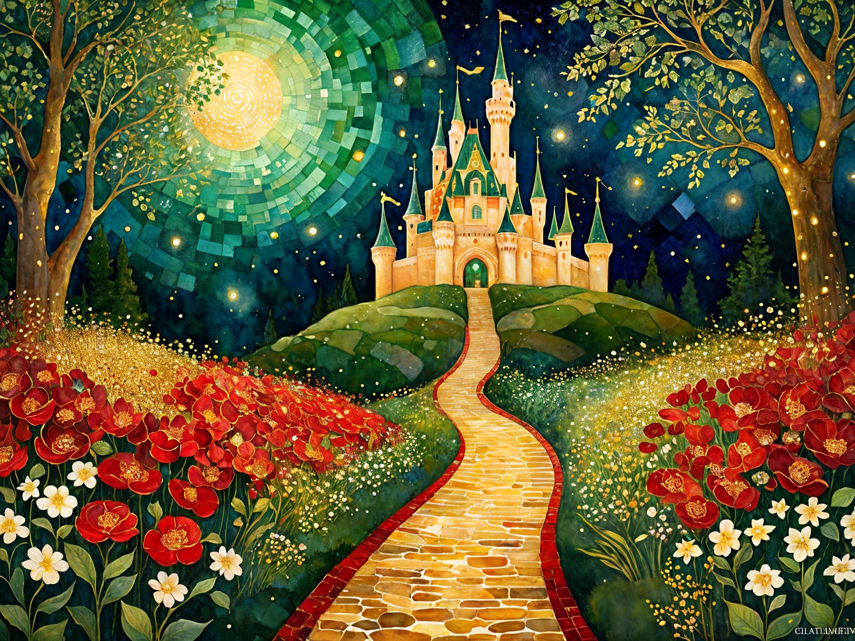 Vibrant Castle Scene Under Starry Night Sky