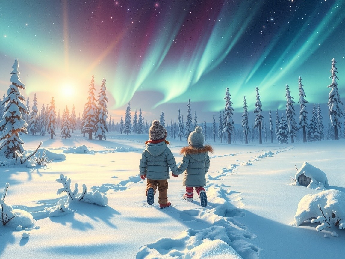 Children Walking in Snowy Landscape with Northern Lights