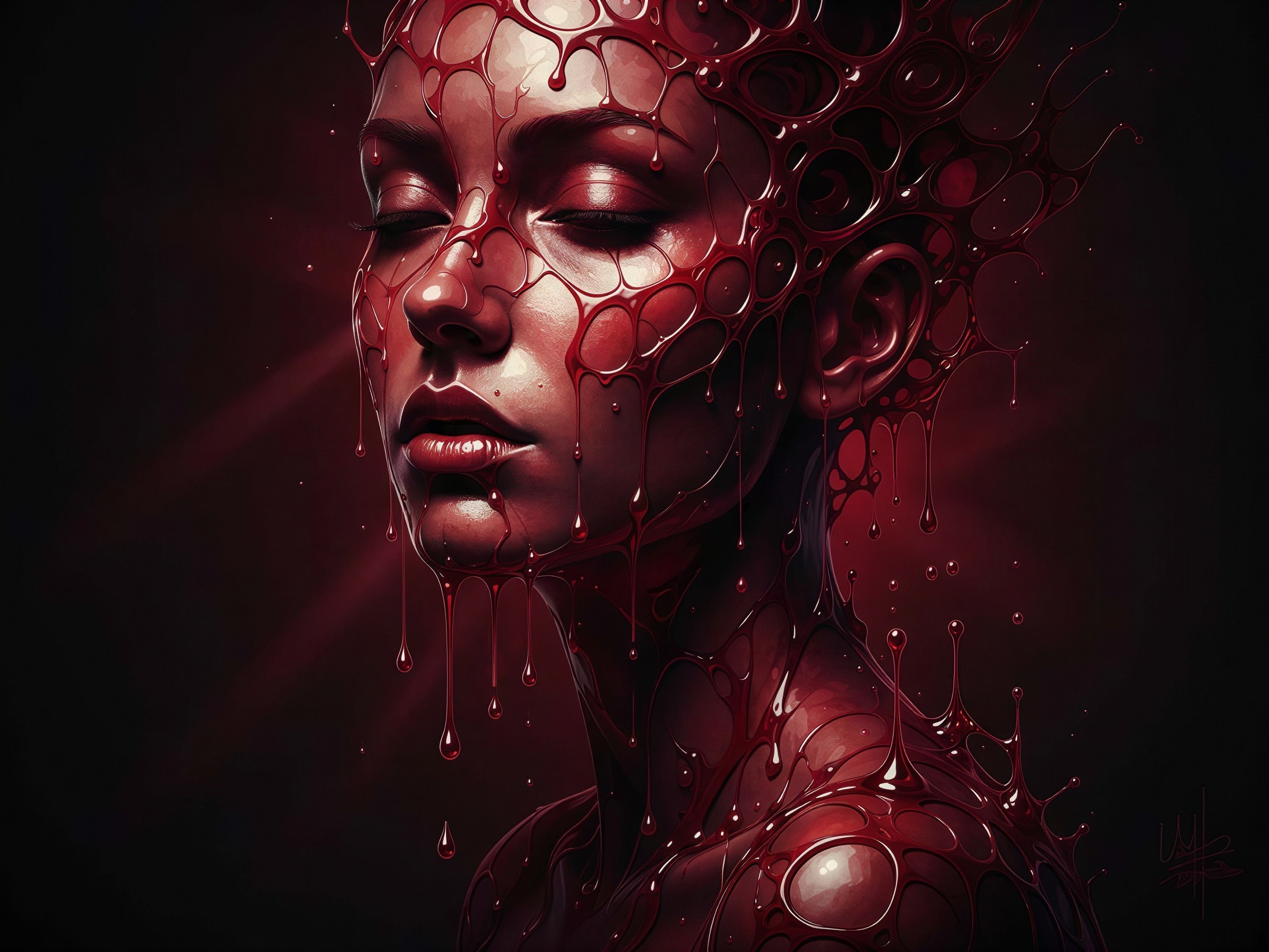 Close-up of a woman with spiderweb texture and red drops