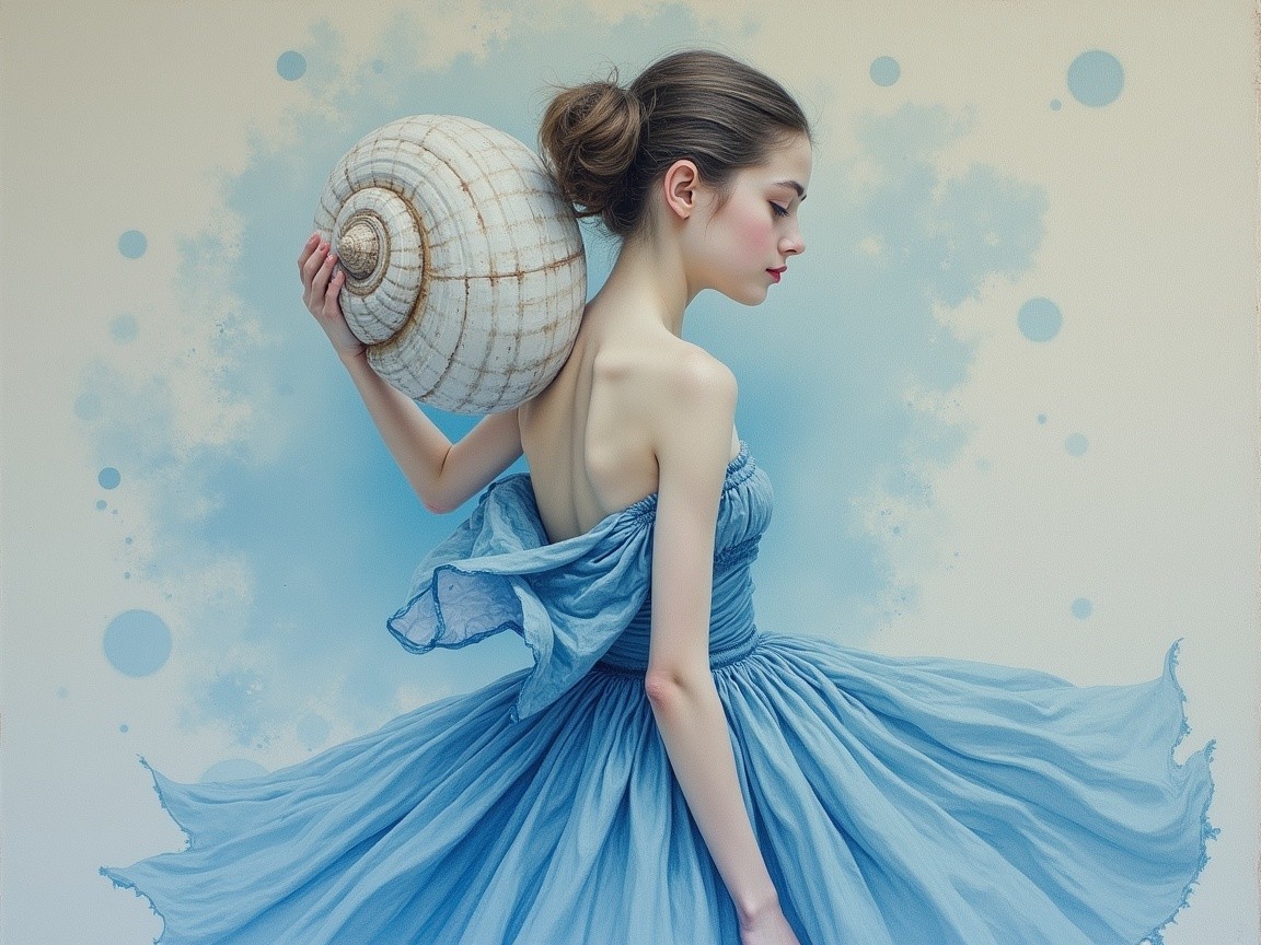 Young Woman in Pale Blue Gown with Seashell