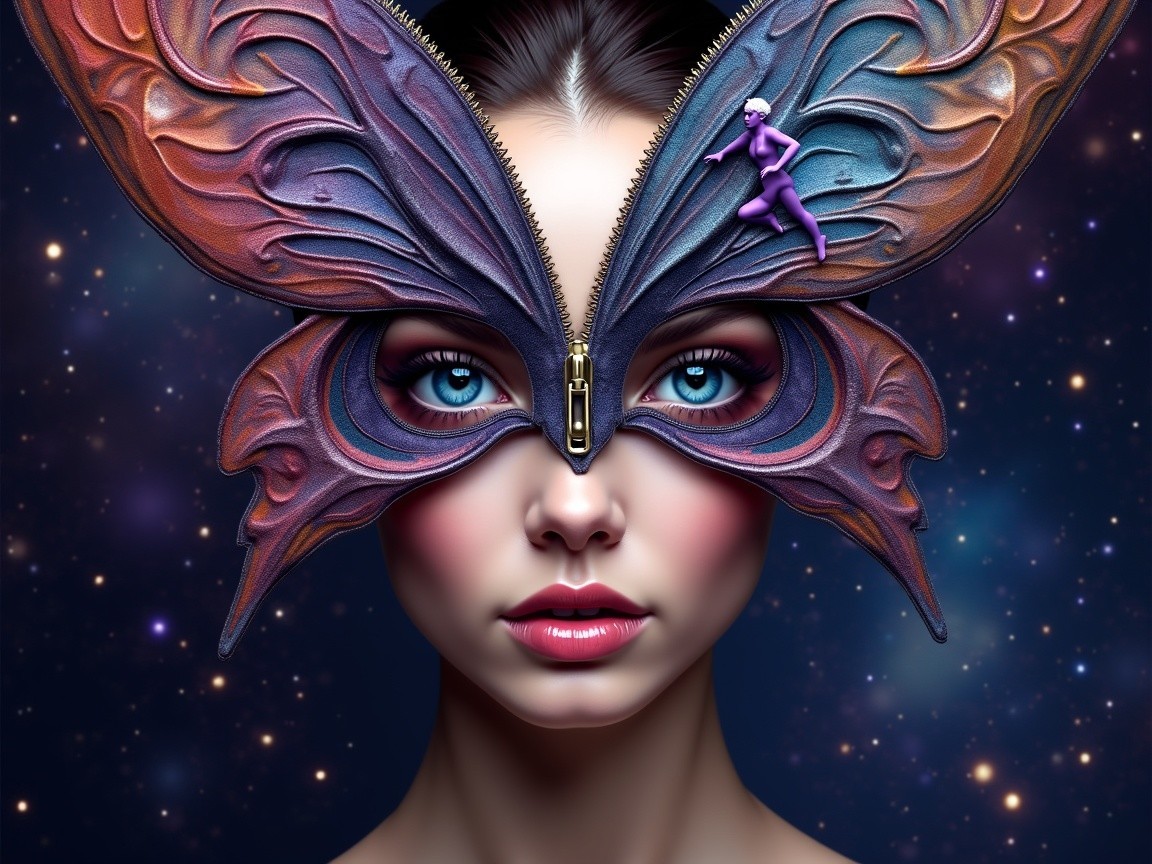 Portrait of a Woman with Butterfly Mask and Cosmic Background