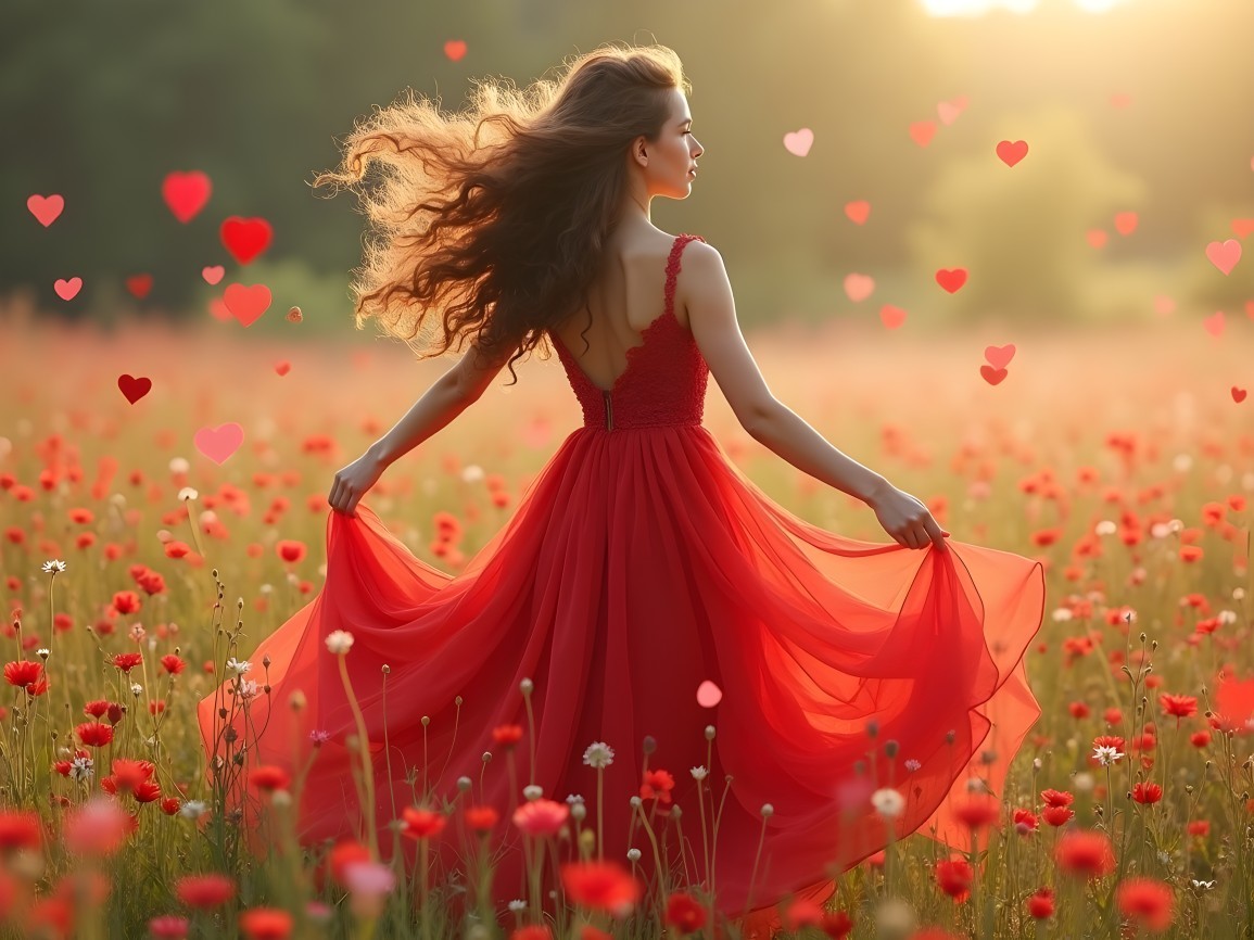 Girl in Red Dress Spinning in Flower Field