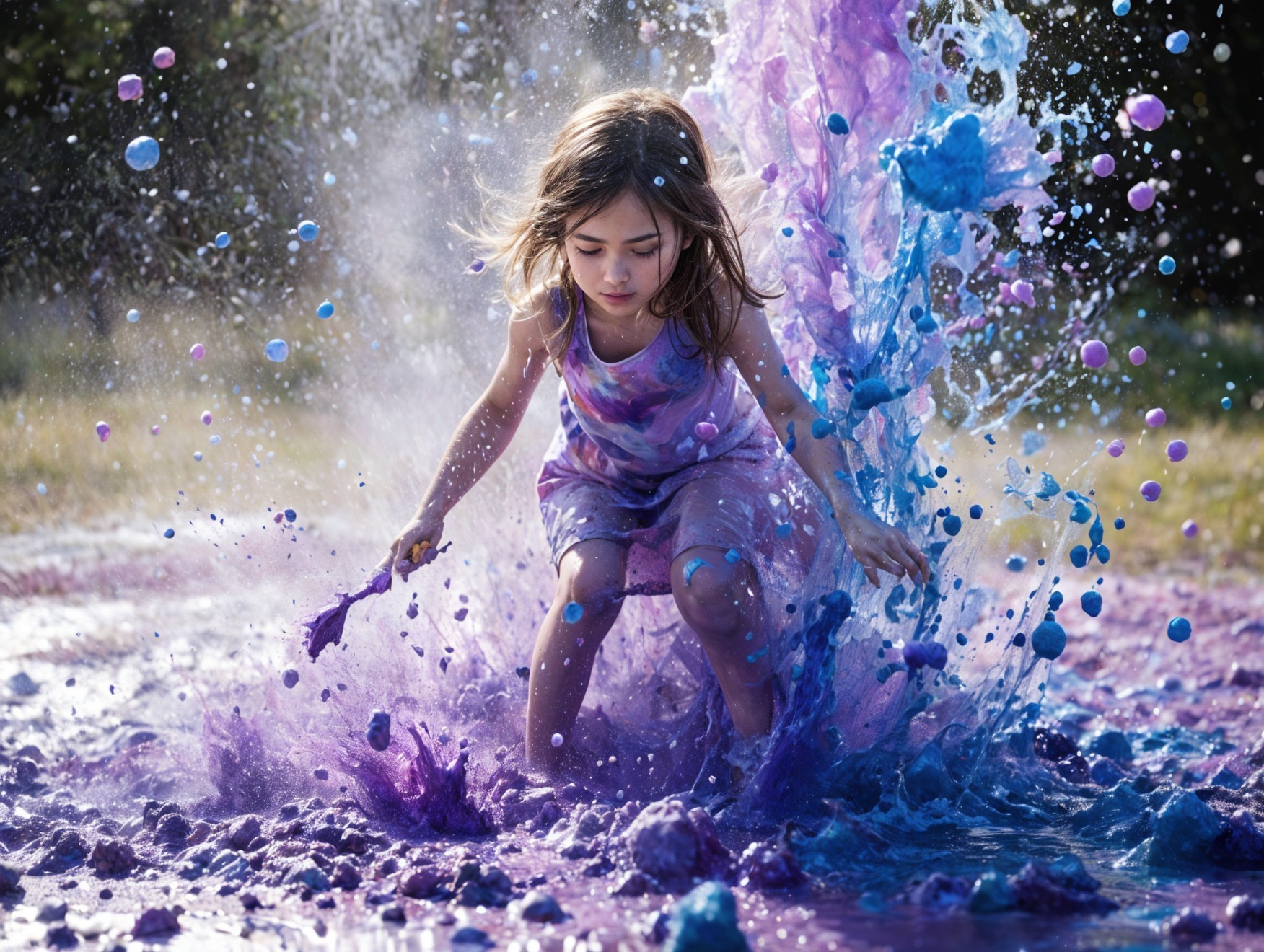 Young girl splashing in vibrant paint puddle outdoors