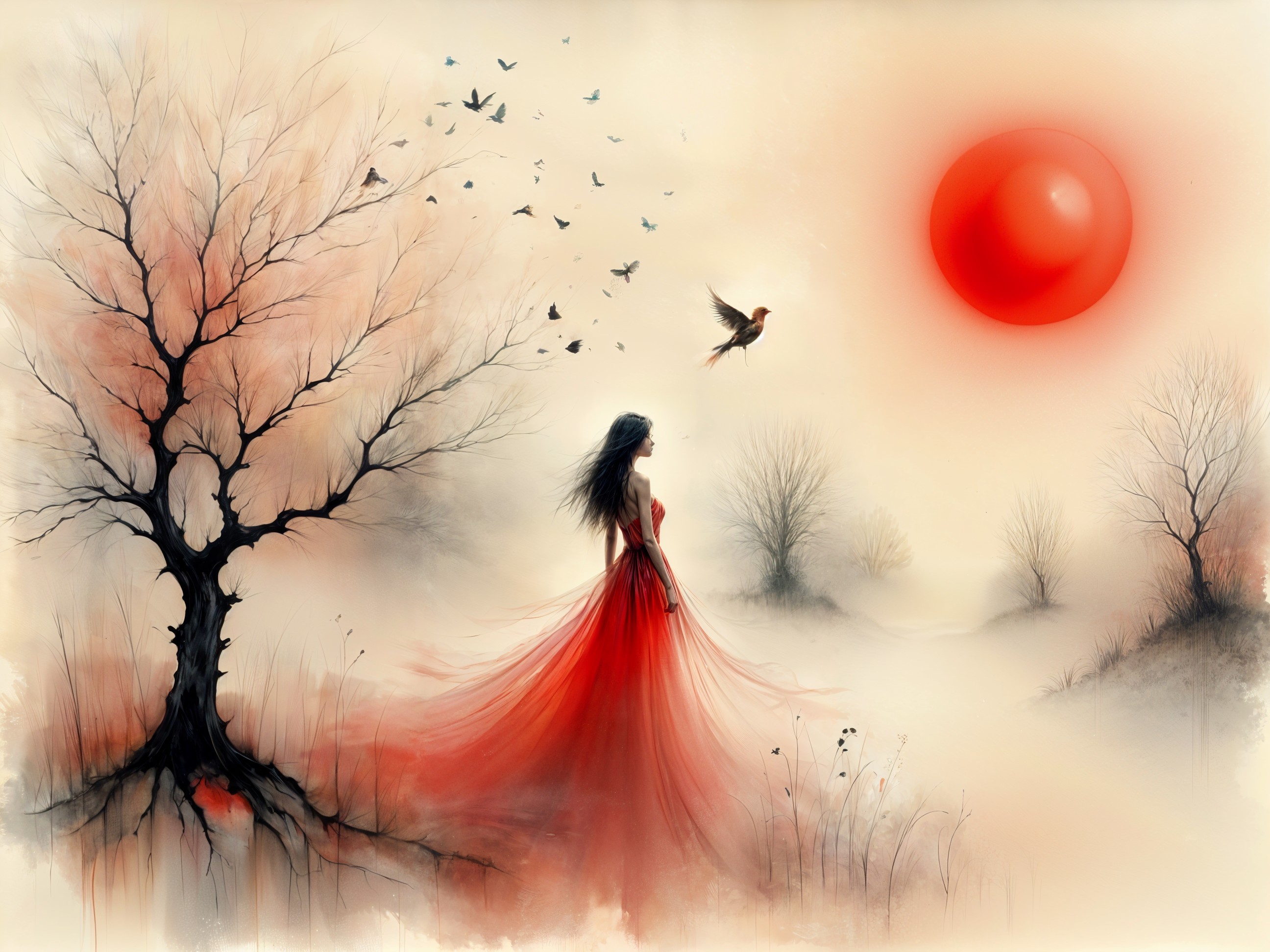Dreamlike Landscape with Woman in Red Dress