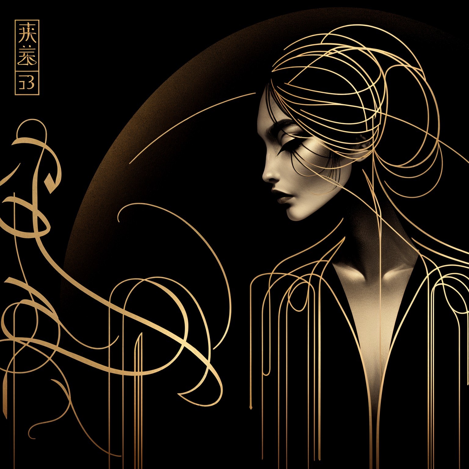 Elegant Profile Artwork with Flowing Lines and Gold Accents