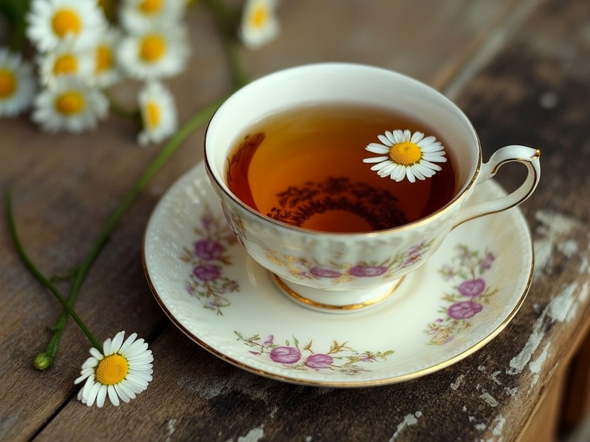 Porcelain Teacup with Amber Tea and Daisies