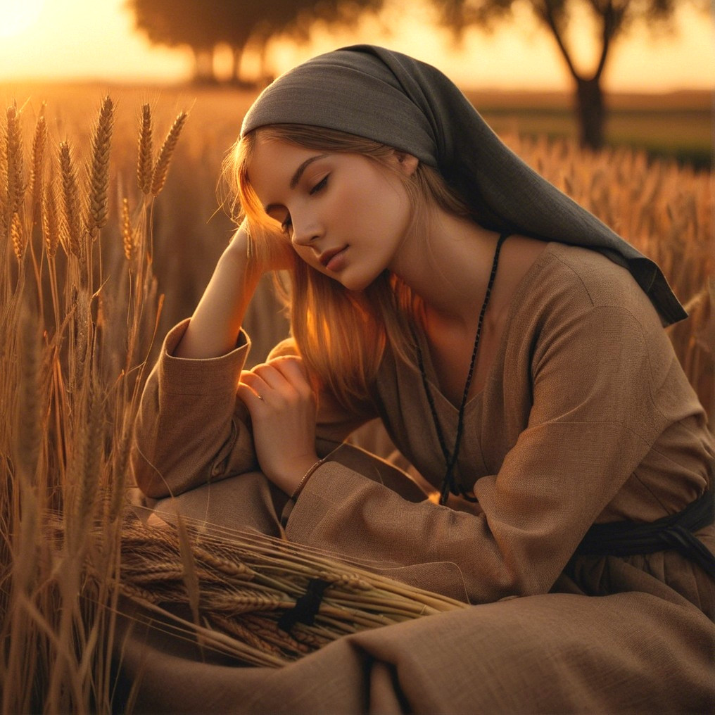 Young Woman in Period Attire in Golden Wheat Fields
