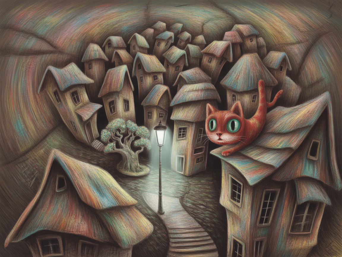 Colorful Townscape with Quirky Houses and Twilight Sky