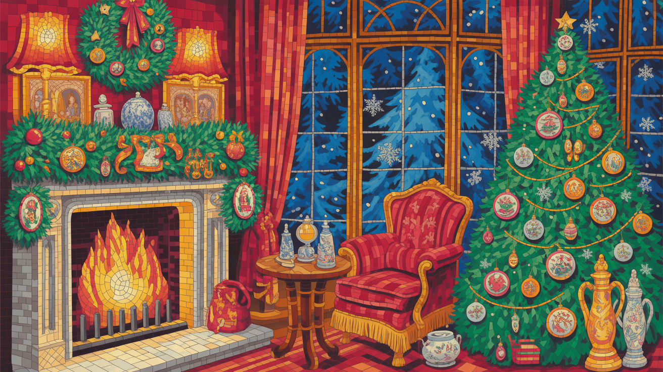 Christmas Decorated Room with Fireplace and Tree